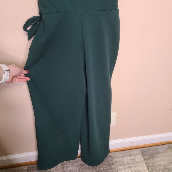 Bebe Side Slit Wideleg Jumpsuit Green Tie Waist - Picture 9 of 14